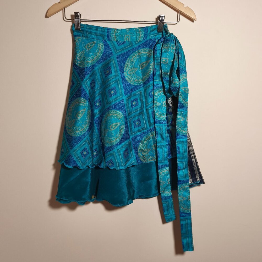 Wevez Silk Blend Magic Wrap Skirt sz XS-M Blue Paisley Printed Layered